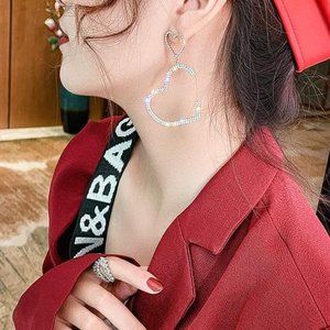 Long Rhinestone Dangle Earrings Double Heart Prom Homecoming Wedding Formal